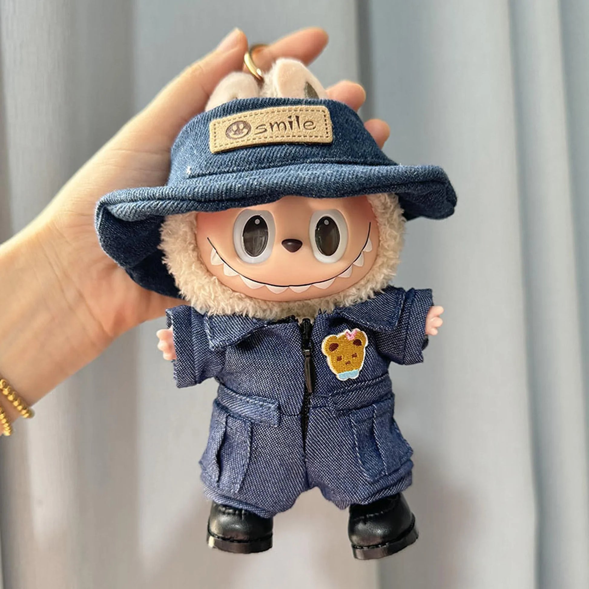 Bear Denim Overalls + Blue Smile Hat + Black Square-Toe Shoes