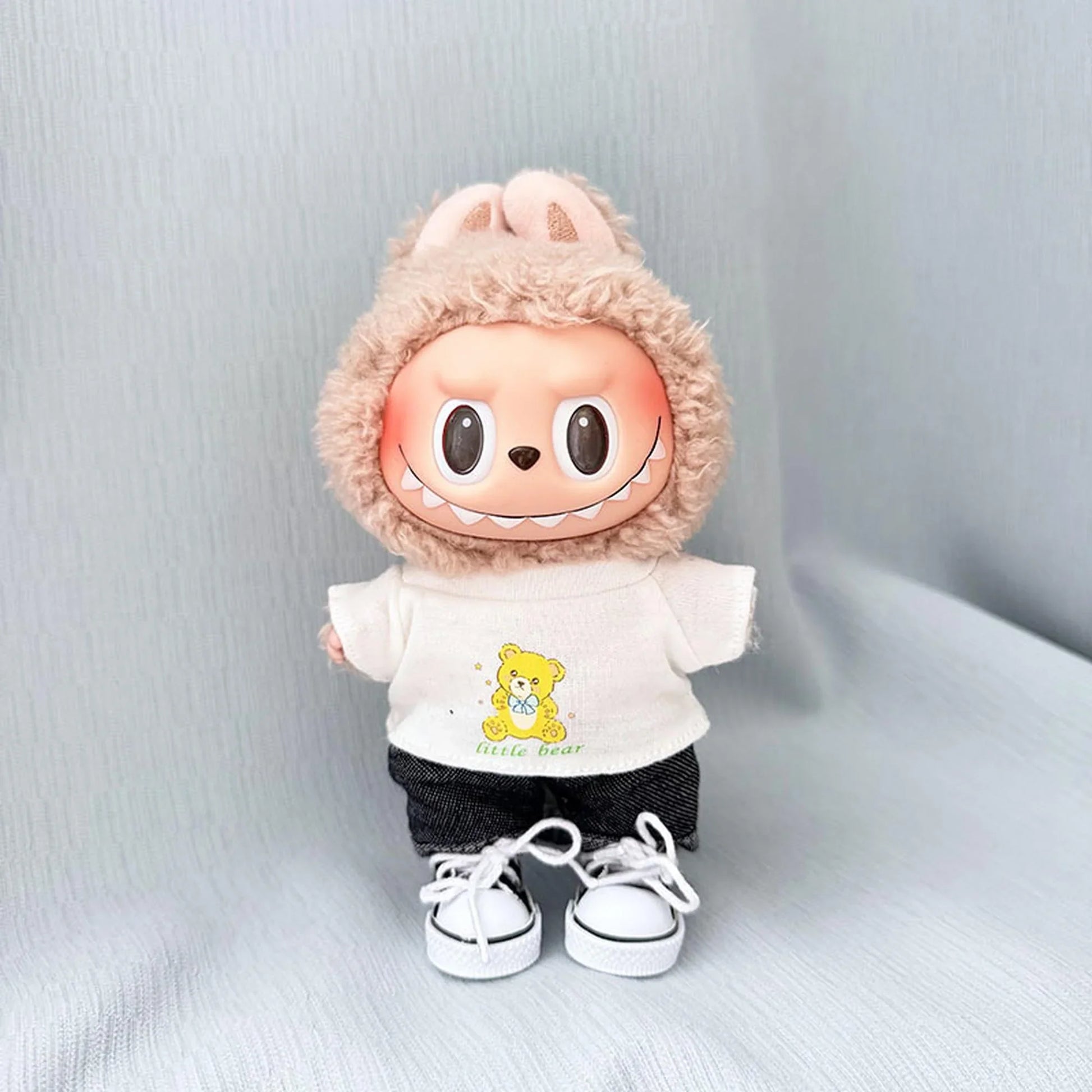 Bear Print White Tee + Gray Cuffed Pants + Black Canvas Shoes