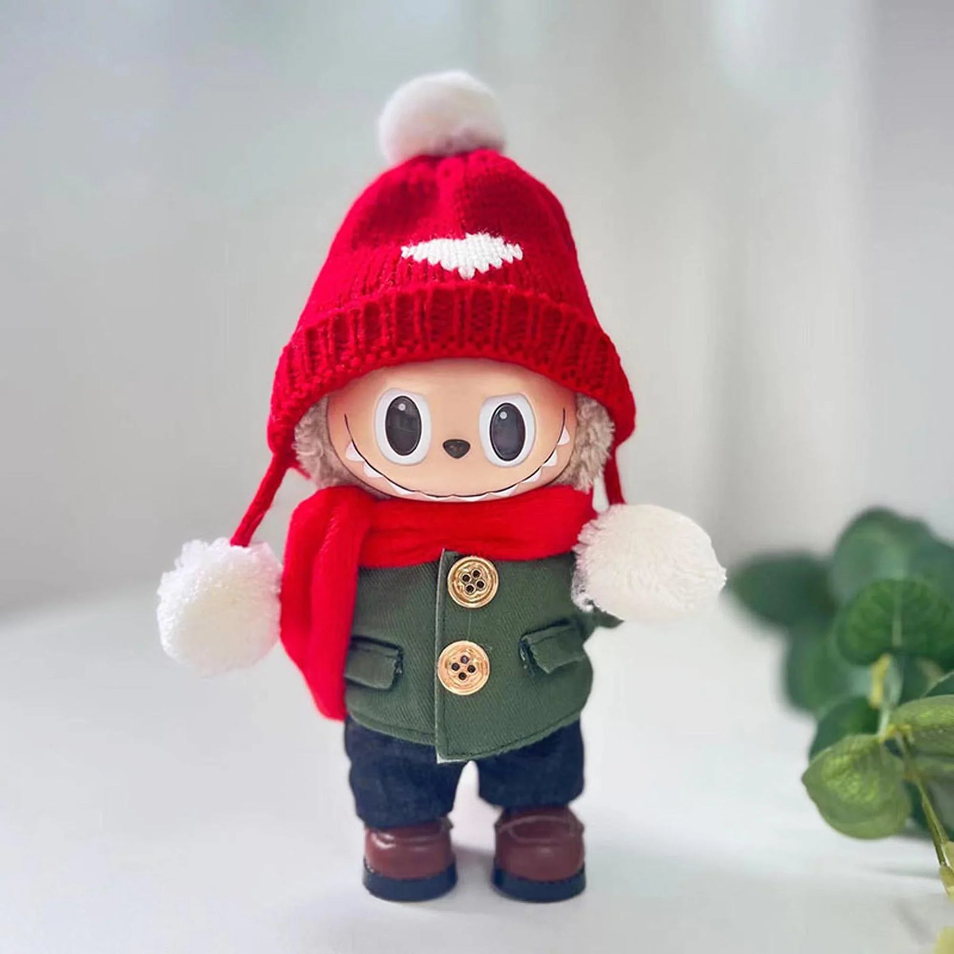 Green Military Coat + Red Scarf + Black Jeans + Heart Hat + Brown Square-Toe Shoes